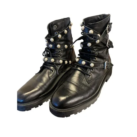 Zara Basics Pearl Studded Lace Up Chunky Boots Size 41 Y2K Goth Steampunk Grunge - Picture 4 of 9